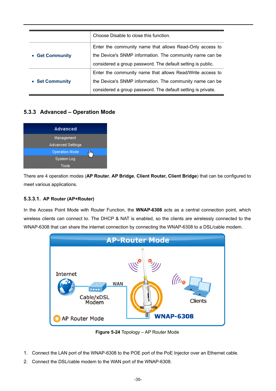 3 advanced – operation mode, Ap router (ap+router), Advanced – operation mode | Igure, Opology, Outer | PLANET WNAP-6308 User Manual | Page 45 / 107