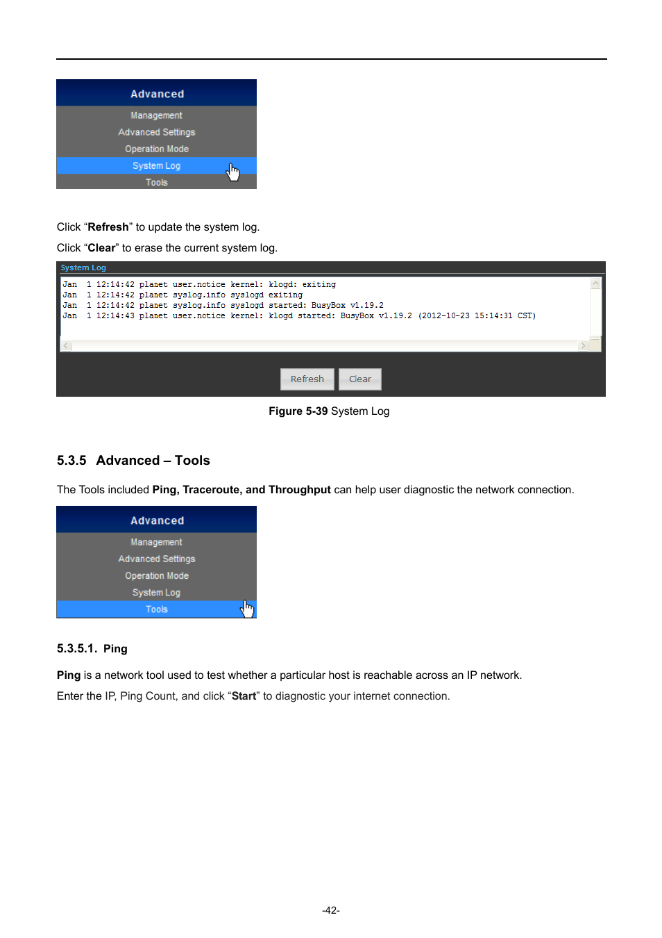 5 advanced – tools, Ping, Advanced – tools | Igure, Ystem | PLANET WNAP-6308 User Manual | Page 52 / 107