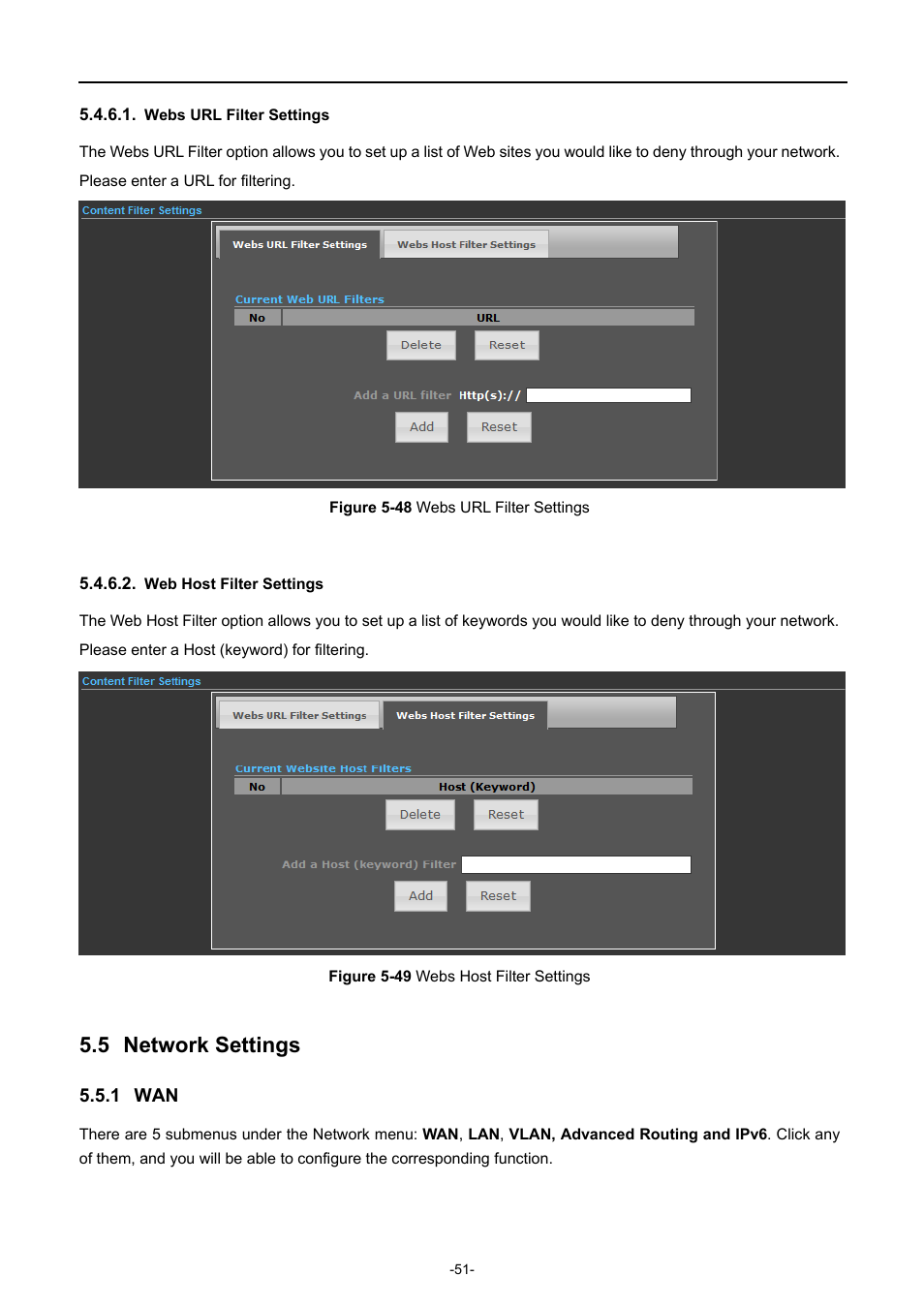 Webs url filter settings, Web host filter settings, 5 network settings | 1 wan, Network settings, Igure, Ilter, Ettings | PLANET WNAP-6308 User Manual | Page 61 / 107