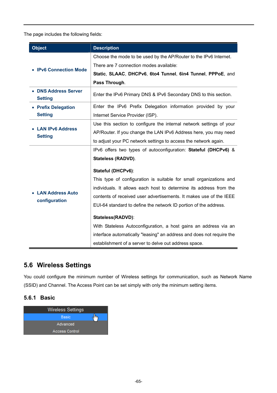 6 wireless settings, 1 basic, Wireless settings | Basic | PLANET WNAP-6308 User Manual | Page 75 / 107