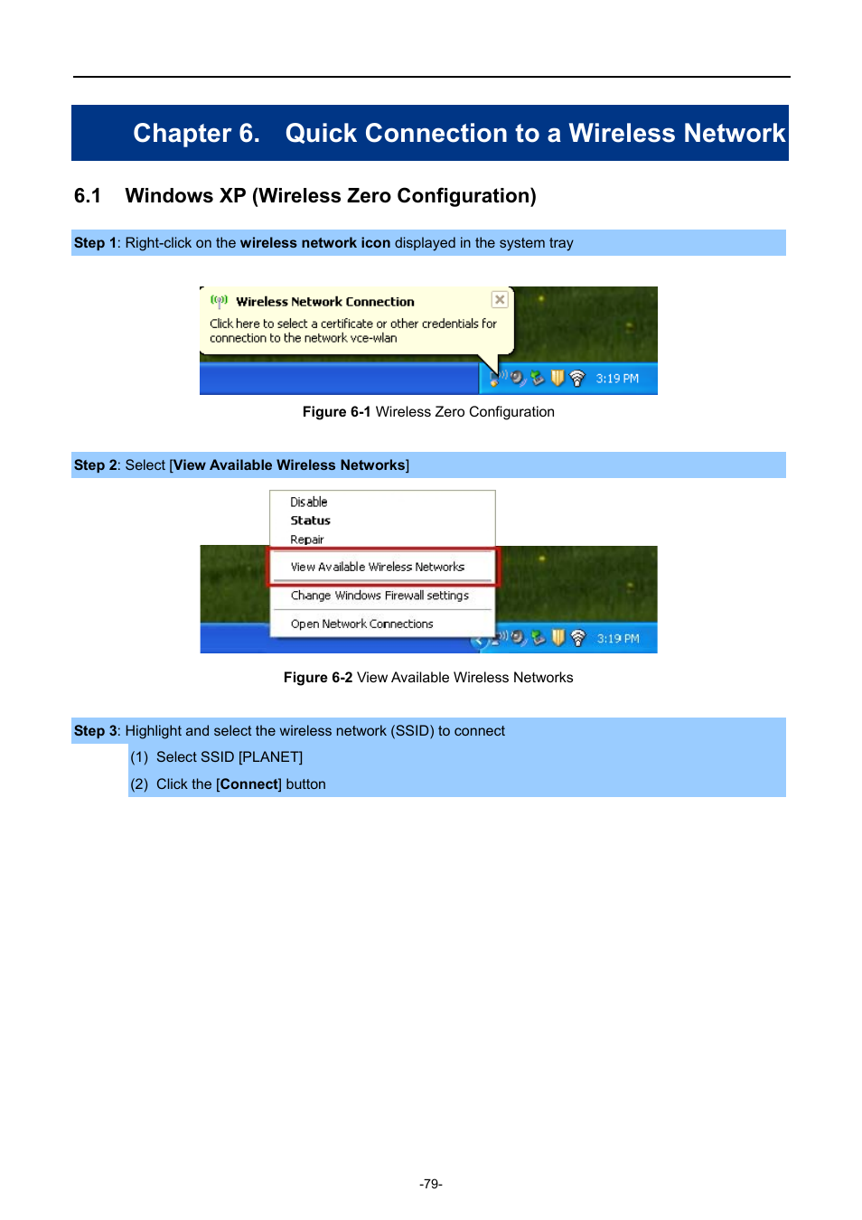 Chapter 6. quick connection to a wireless network, 1 windows xp (wireless zero configuration), Windows xp (wireless zero configuration) | Igure, Ireless, Onfiguration, Vailable, Etworks | PLANET WNAP-6308 User Manual | Page 89 / 107