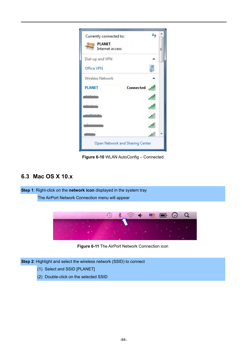 3 mac os x 10.x, Mac os x 10.x, Igure | Wlan, Onfig, Onnected, Etwork, Onnection icon | PLANET WNAP-6308 User Manual | Page 94 / 107