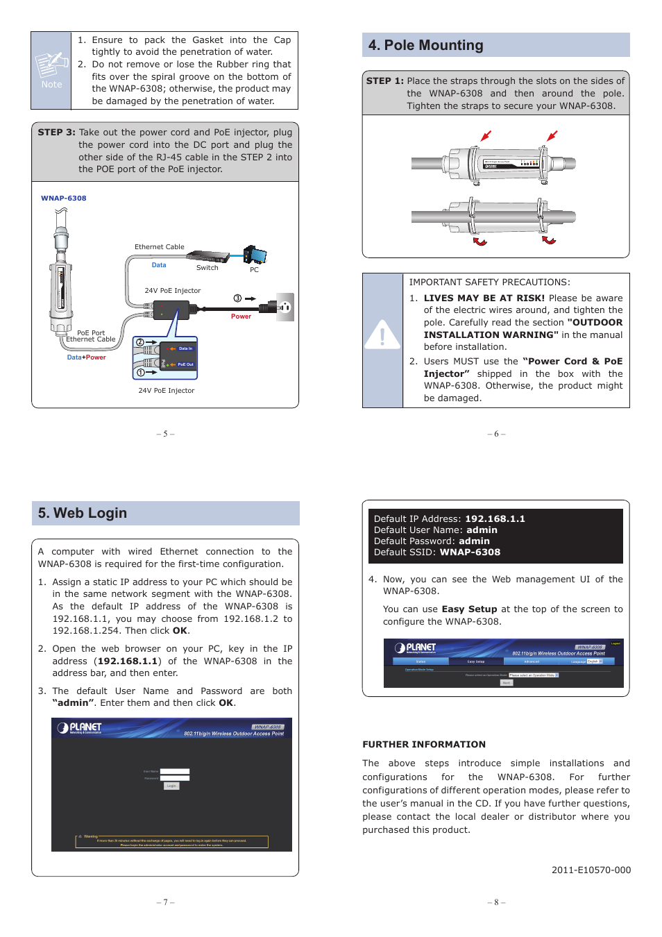 Package contents, Installation precautions, Hardware installation | Pole mounting, Web login | PLANET WNAP-6308 User Manual | Page 2 / 2