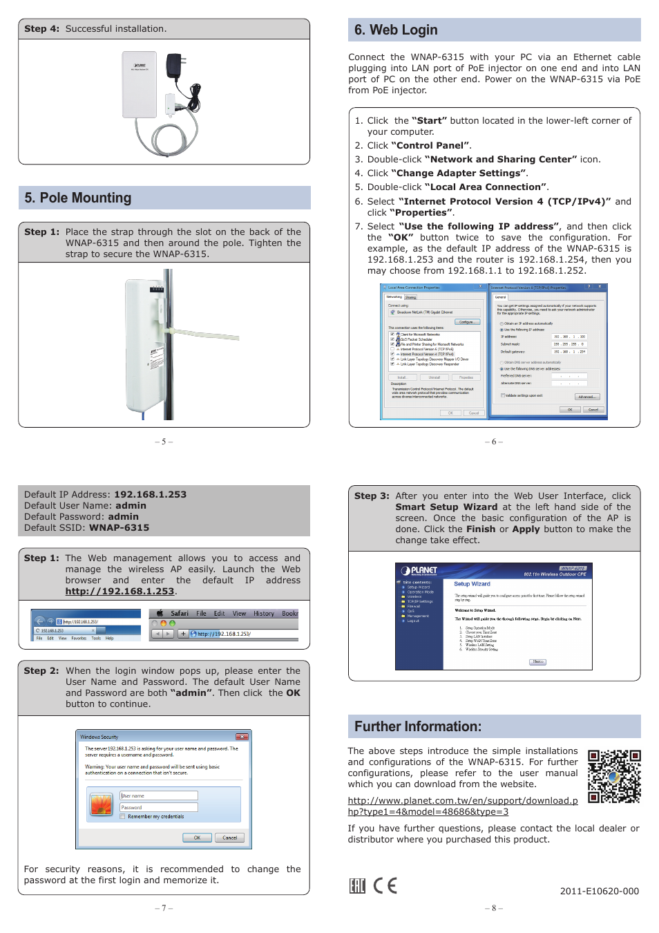 Hardware installation, Pole mounting further information: 6. web login | PLANET WNAP-6315 User Manual | Page 2 / 2