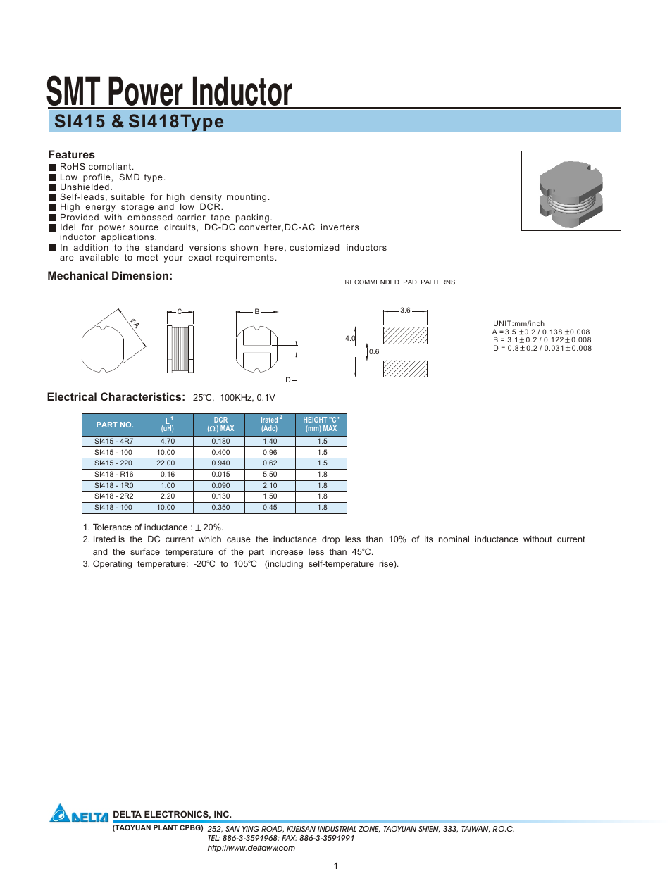 Delta Electronics SI415 User Manual | 1 page