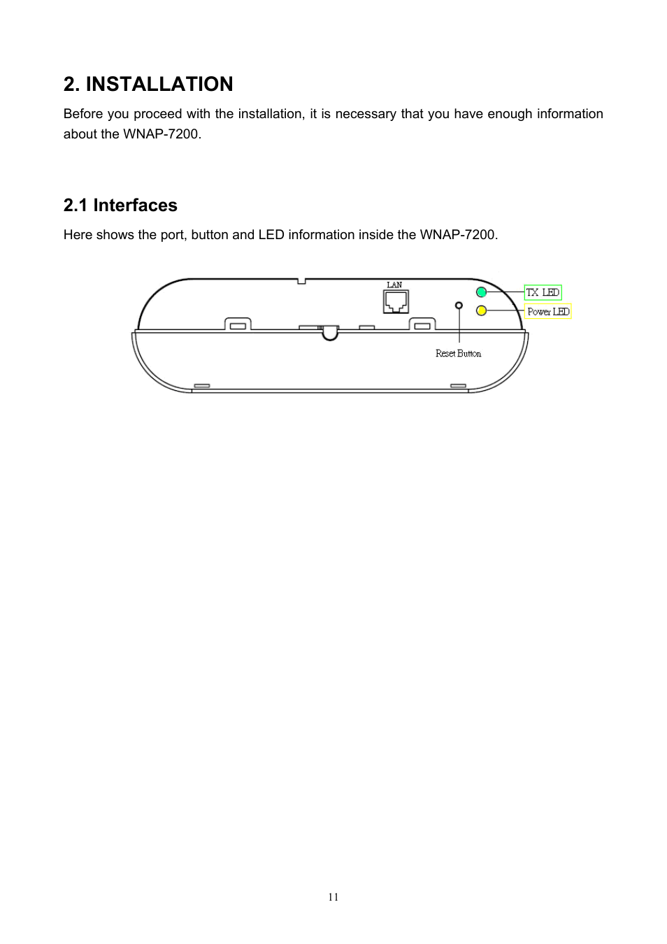 Installation, 1 interfaces | PLANET WNAP-7200 User Manual | Page 11 / 75