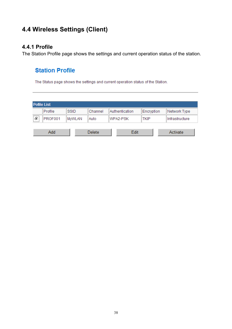 4 wireless settings (client), 1 profile | PLANET WNAP-7200 User Manual | Page 38 / 75