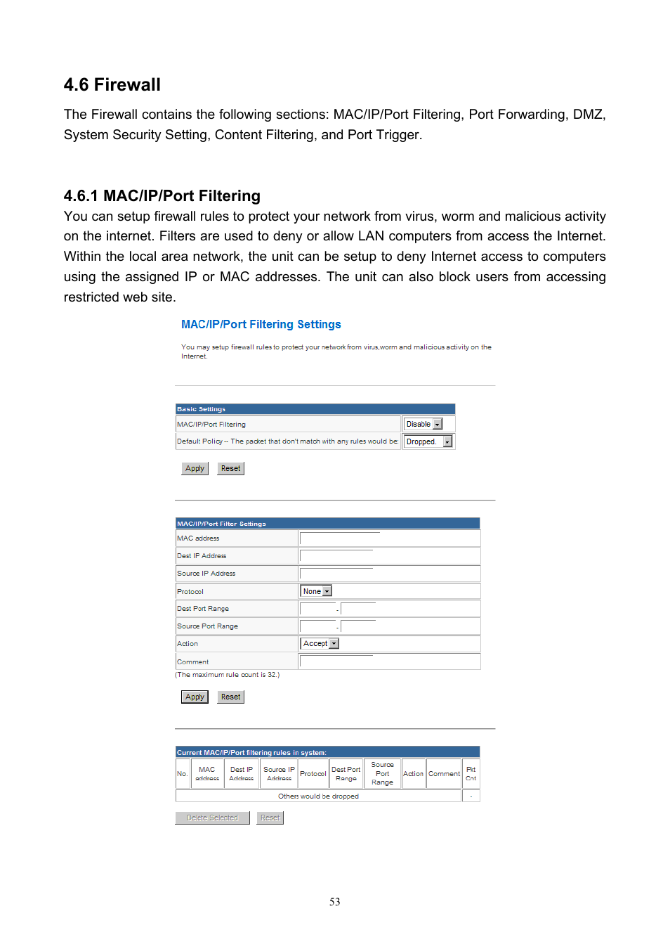 6 firewall, 1 mac/ip/port filtering | PLANET WNAP-7200 User Manual | Page 53 / 75