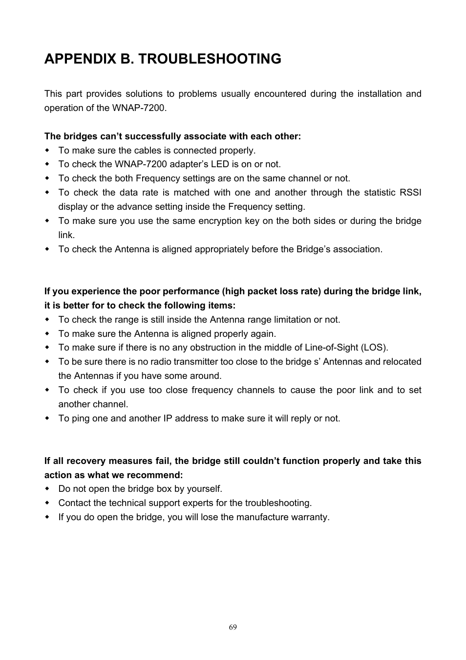 Appendix b. troubleshooting | PLANET WNAP-7200 User Manual | Page 69 / 75