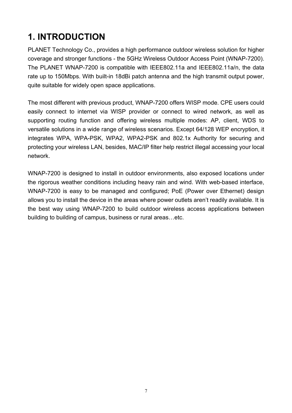 Introduction | PLANET WNAP-7200 User Manual | Page 7 / 75