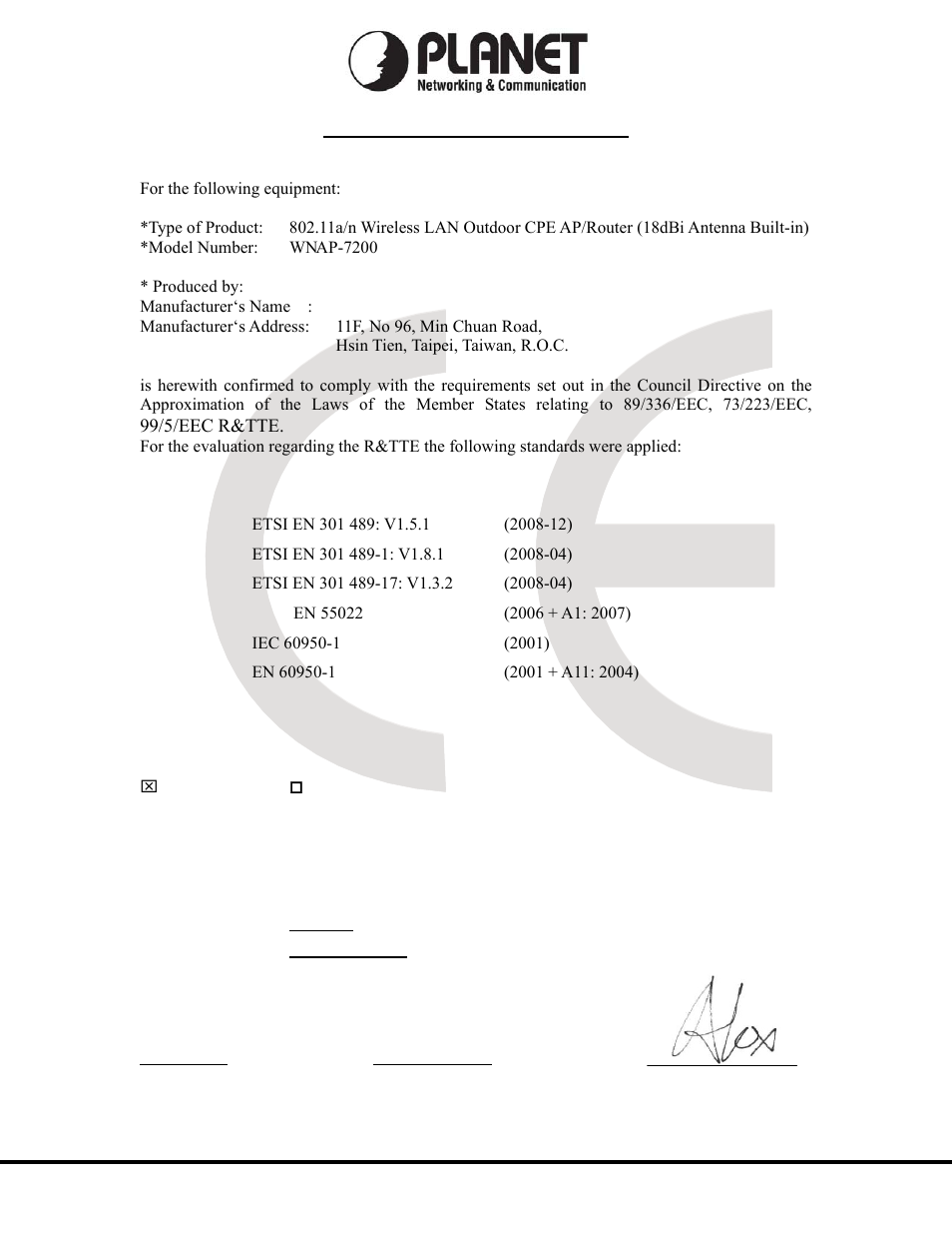 Ec declaration of conformity, Planet technology corporation | PLANET WNAP-7200 User Manual | Page 75 / 75