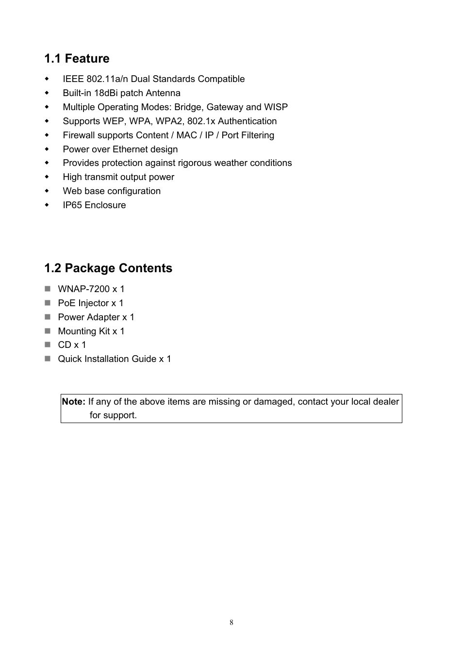1 feature, 2 package contents | PLANET WNAP-7200 User Manual | Page 8 / 75