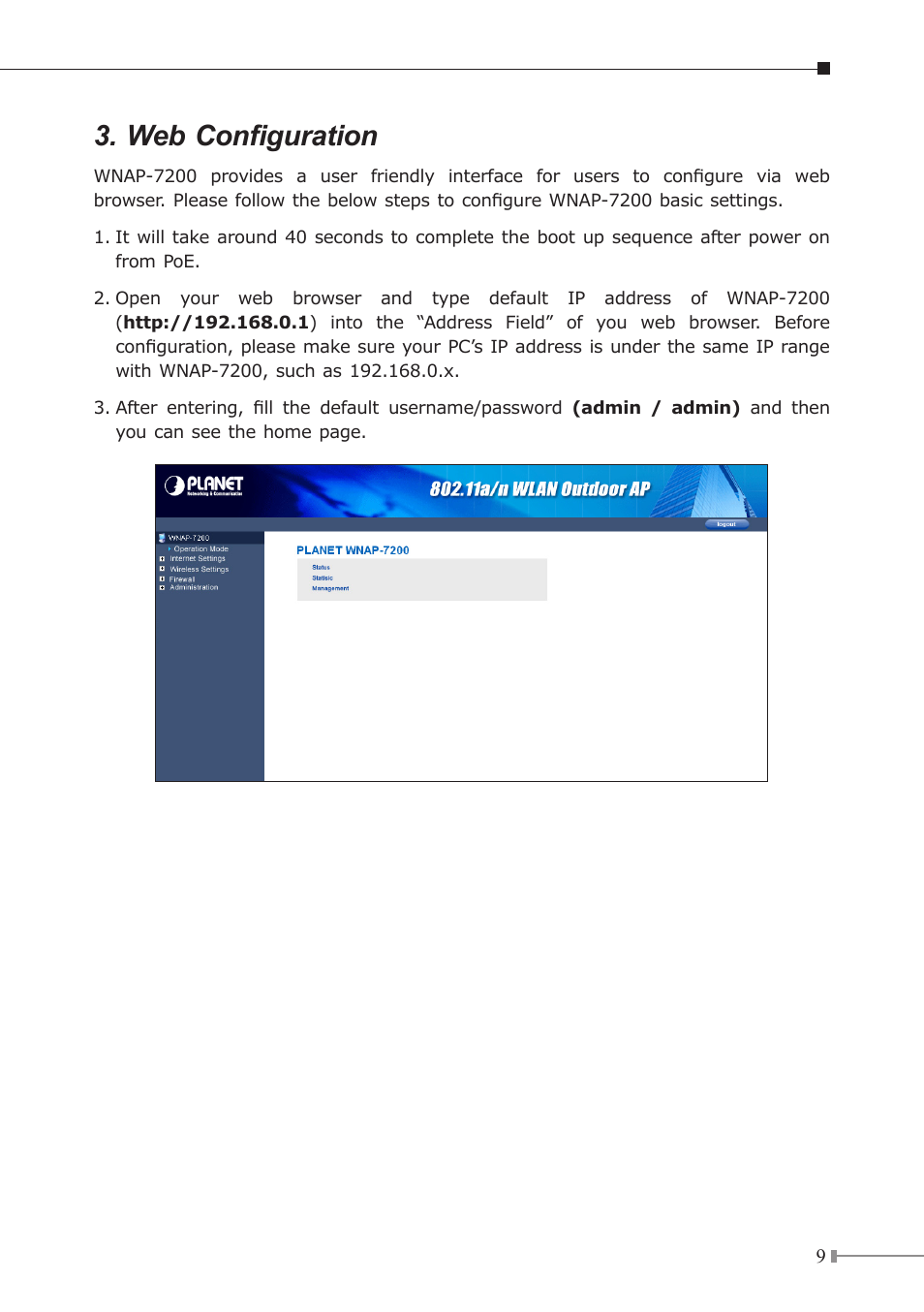 Web configuration | PLANET WNAP-7200 User Manual | Page 9 / 12