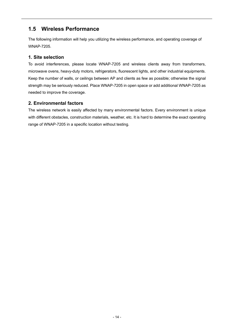 5 wireless performance | PLANET WNAP-7205 User Manual | Page 14 / 107
