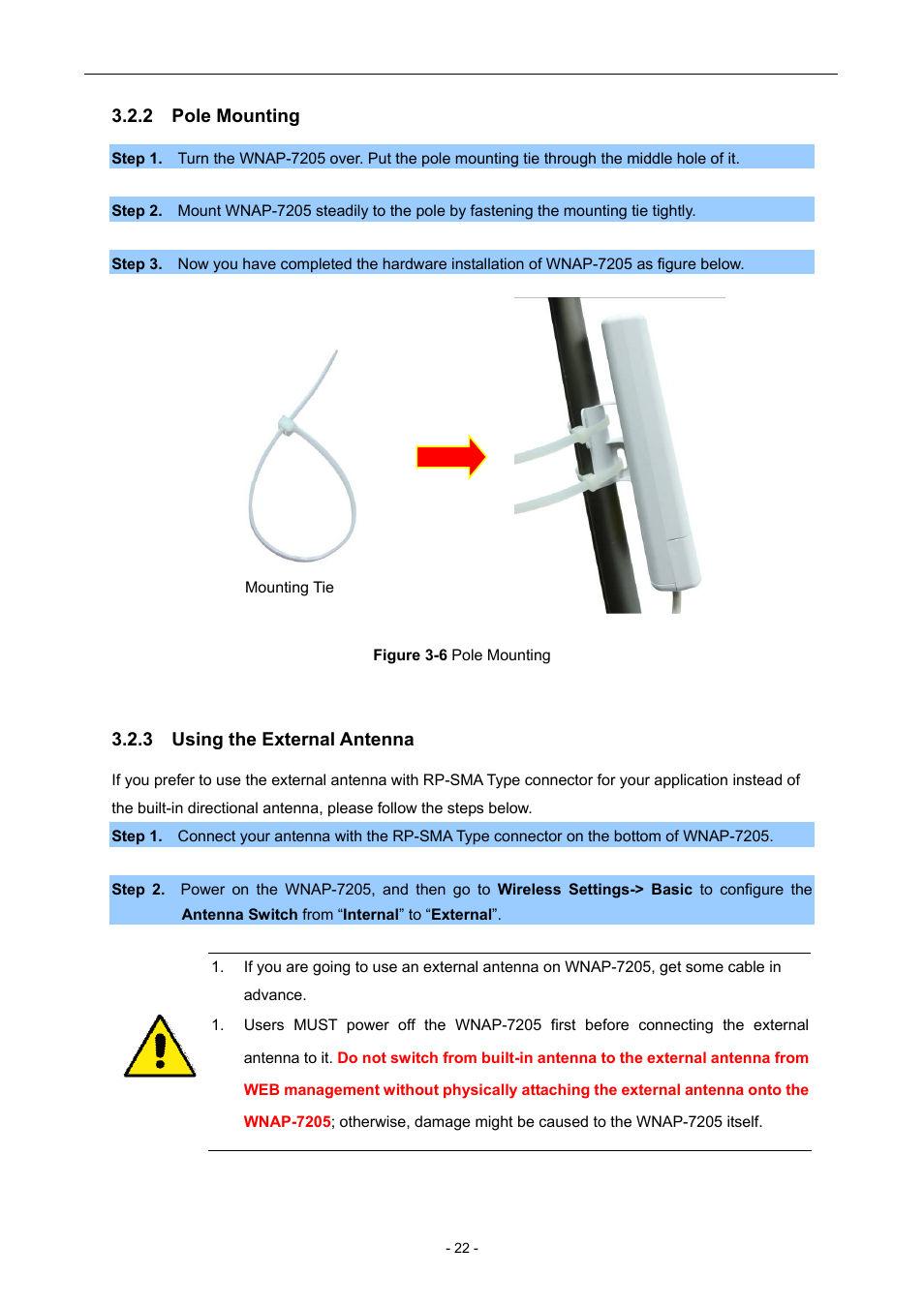 2 pole mounting, 3 using the external antenna | PLANET WNAP-7205 User Manual | Page 22 / 107