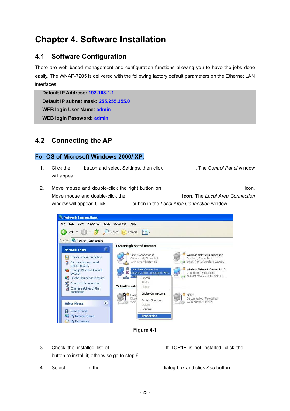 Chapter 4. software installation, 1 software configuration, 2 connecting the ap | PLANET WNAP-7205 User Manual | Page 23 / 107