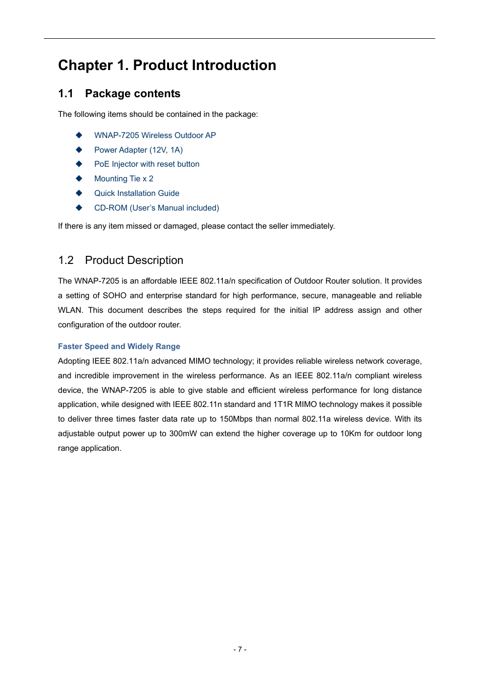 Chapter 1. product introduction, 1 package contents, 2 product description | PLANET WNAP-7205 User Manual | Page 7 / 107