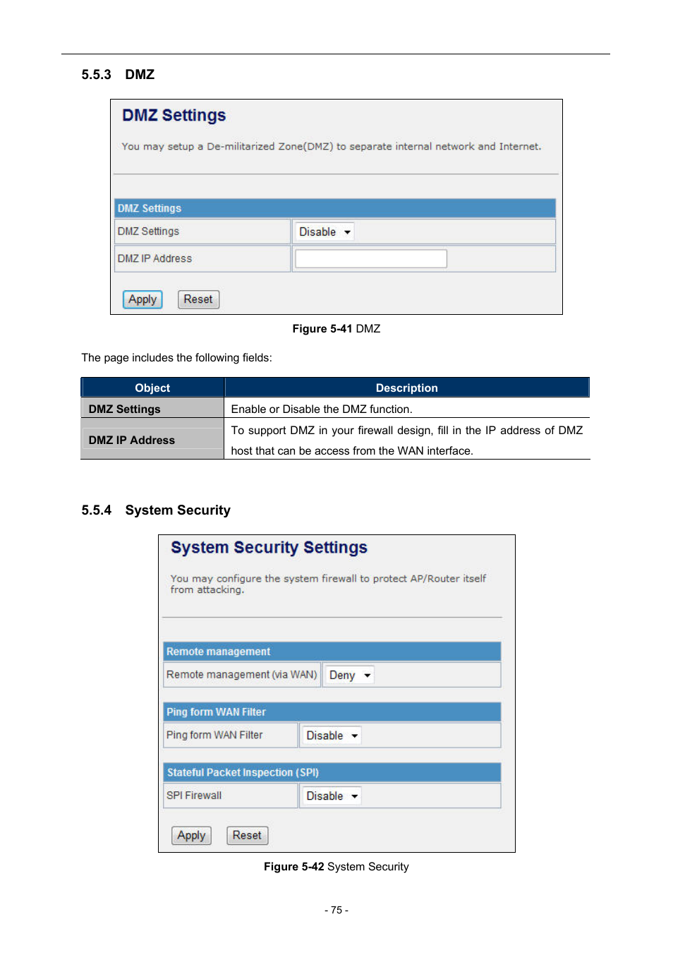 3 dmz, 4 system security | PLANET WNAP-7205 User Manual | Page 75 / 107