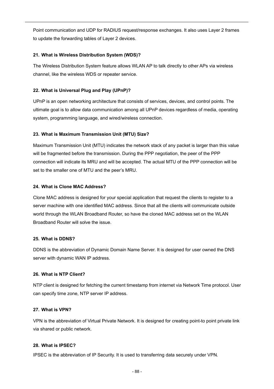 What is wireless distribution system (wds), What is universal plug and play (upnp), What is maximum transmission unit (mtu) size | What is clone mac address, What is ddns, What is ntp client, What is vpn, What is ipsec | PLANET WNAP-7205 User Manual | Page 88 / 107