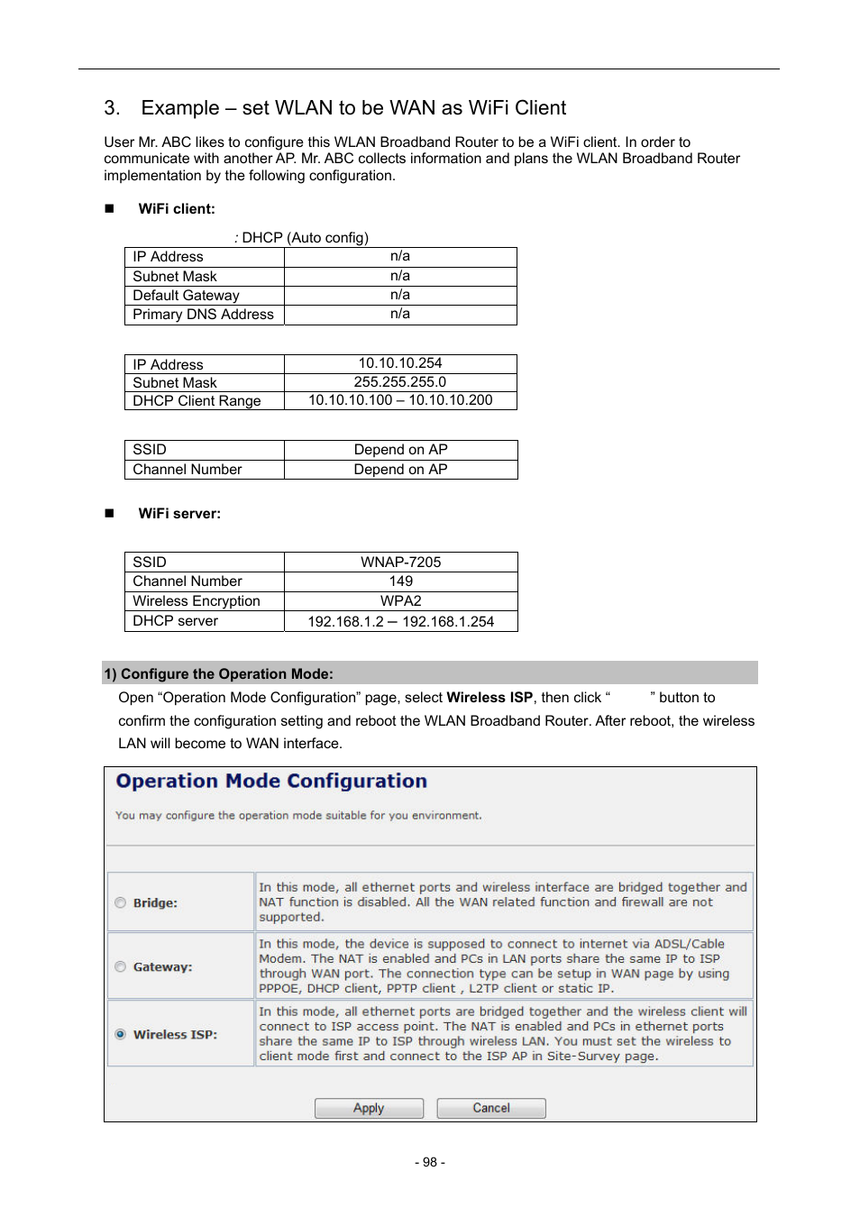 Example – set wlan to be wan as wifi client | PLANET WNAP-7205 User Manual | Page 98 / 107