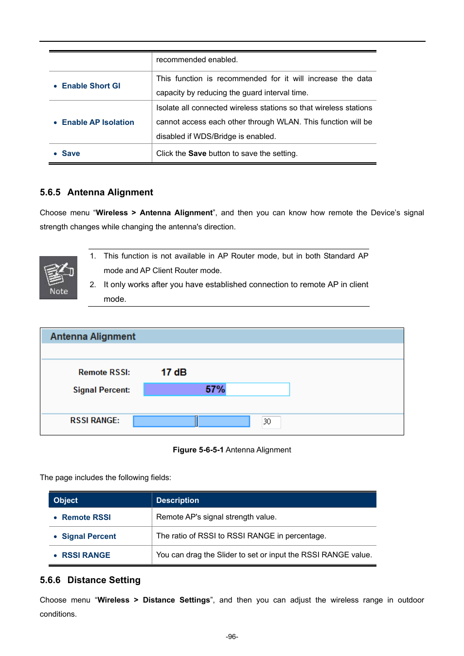 5 antenna alignment, 6 distance setting, Antenna alignment | Distance setting | PLANET WNAP-7206 User Manual | Page 104 / 171