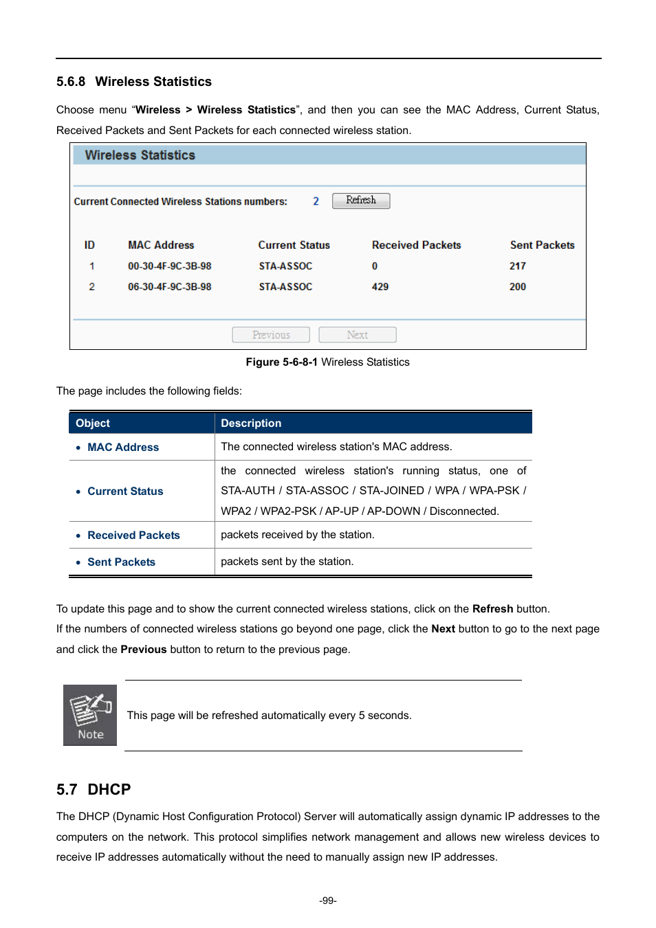 8 wireless statistics, 7 dhcp, Wireless statistics | Dhcp | PLANET WNAP-7206 User Manual | Page 107 / 171