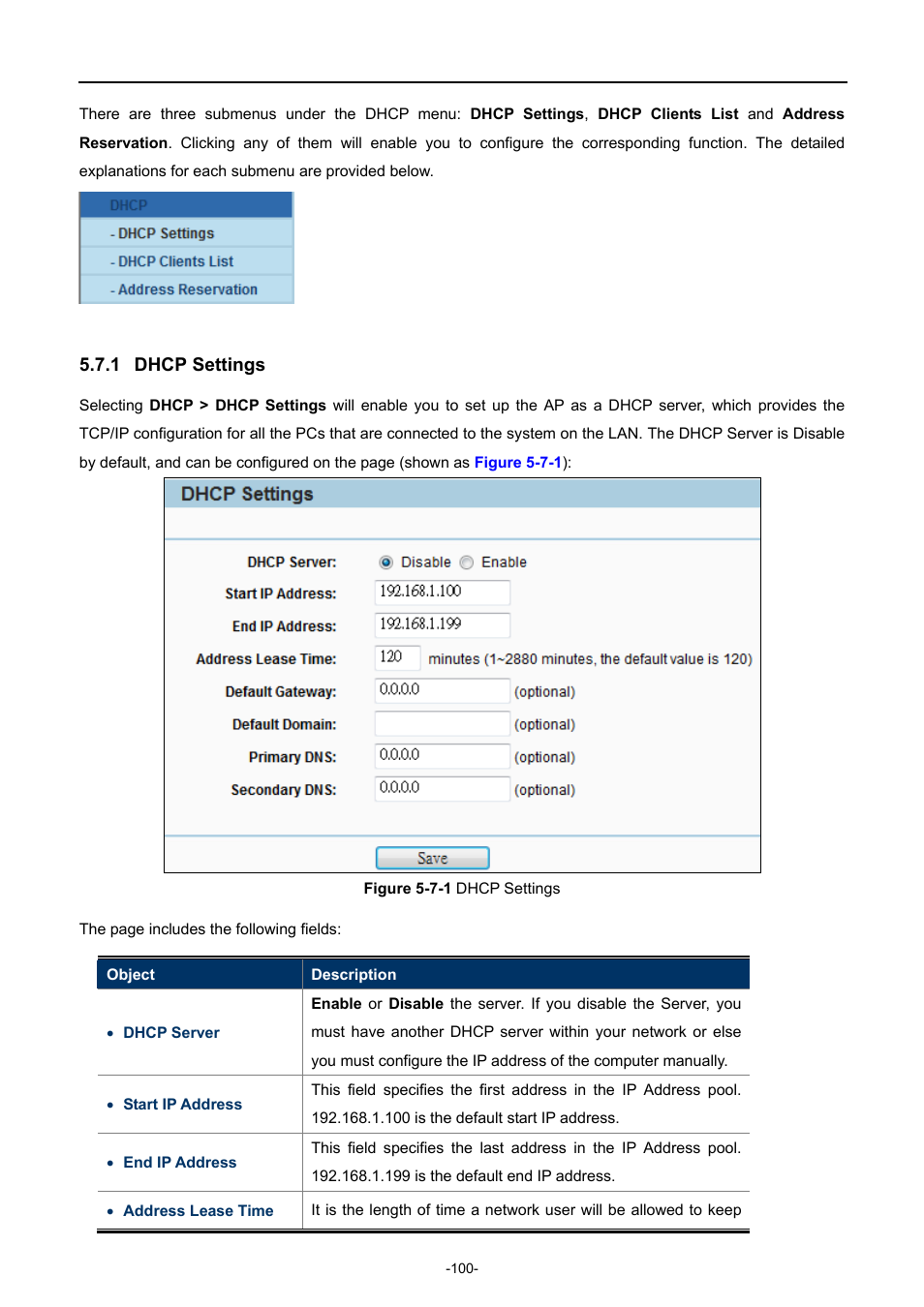1 dhcp settings, Dhcp settings | PLANET WNAP-7206 User Manual | Page 108 / 171
