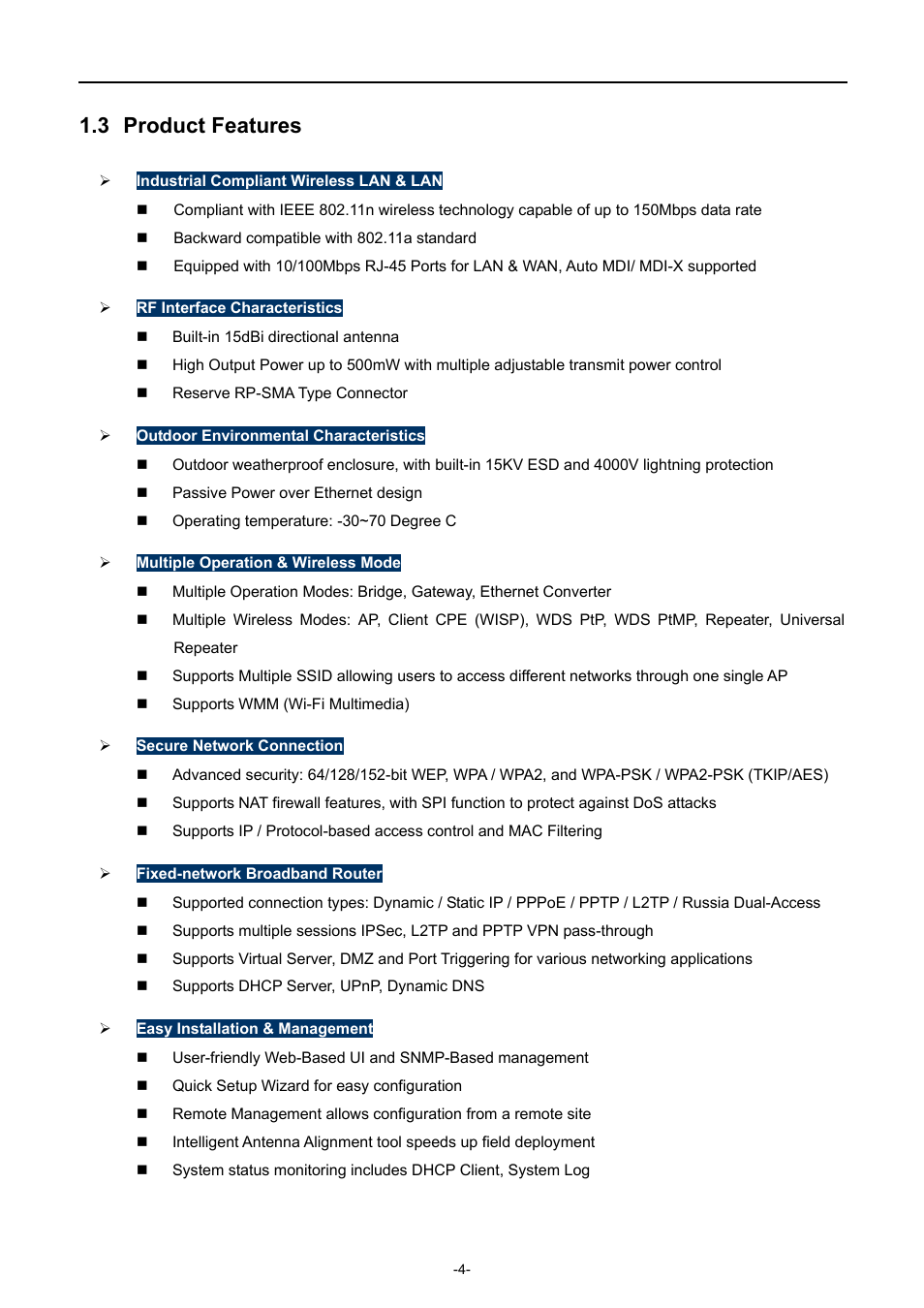 3 product features, Product features | PLANET WNAP-7206 User Manual | Page 12 / 171