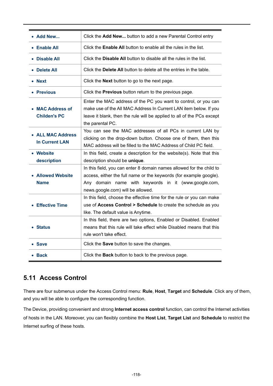 11 access control, Access control | PLANET WNAP-7206 User Manual | Page 126 / 171