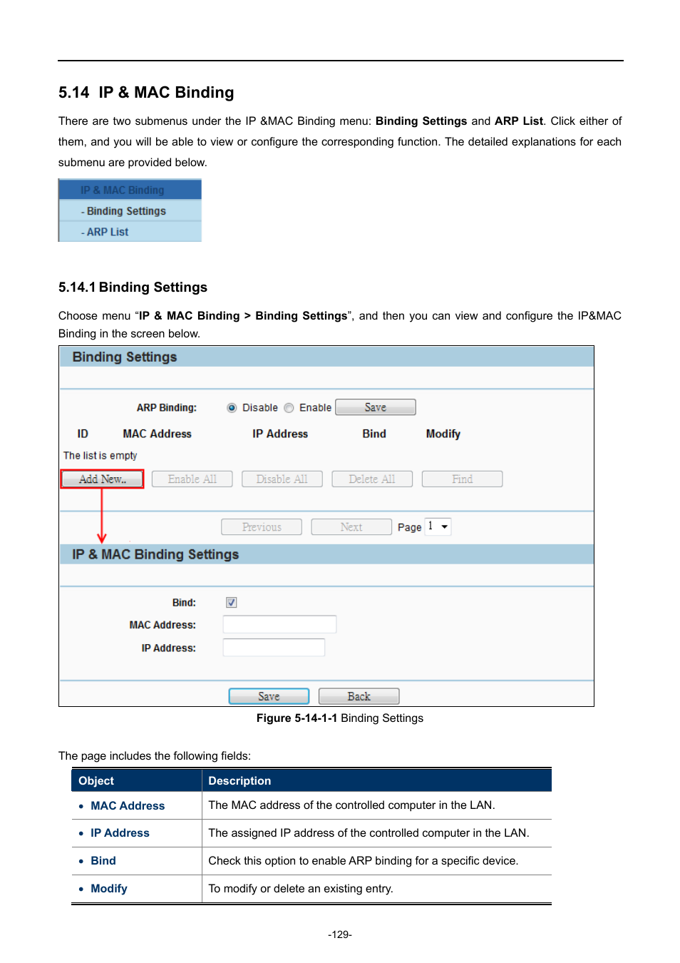 14 ip & mac binding, 1 binding settings, Ip & mac binding | Binding settings | PLANET WNAP-7206 User Manual | Page 137 / 171