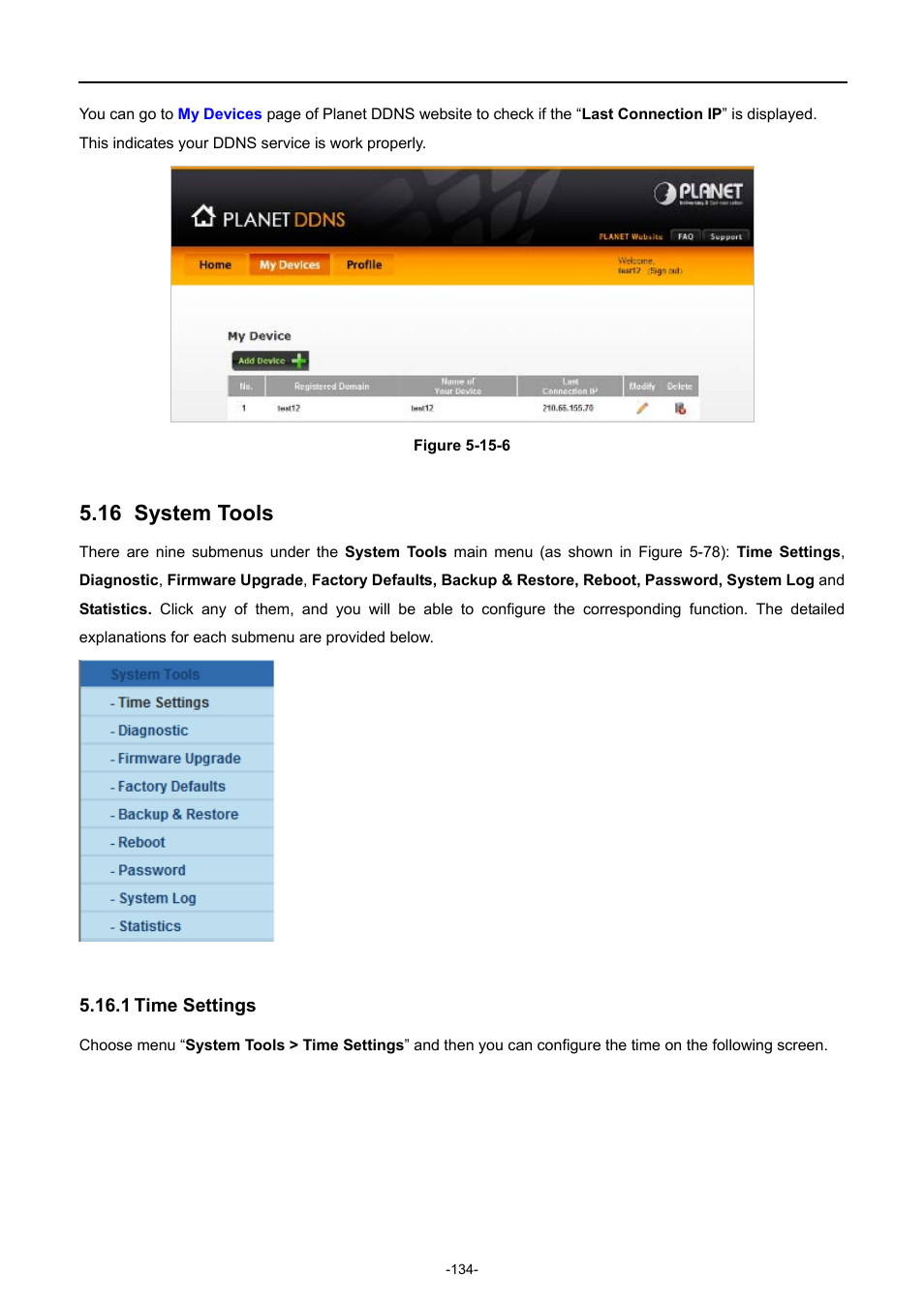 16 system tools, 1 time settings, System tools | Time settings | PLANET WNAP-7206 User Manual | Page 142 / 171