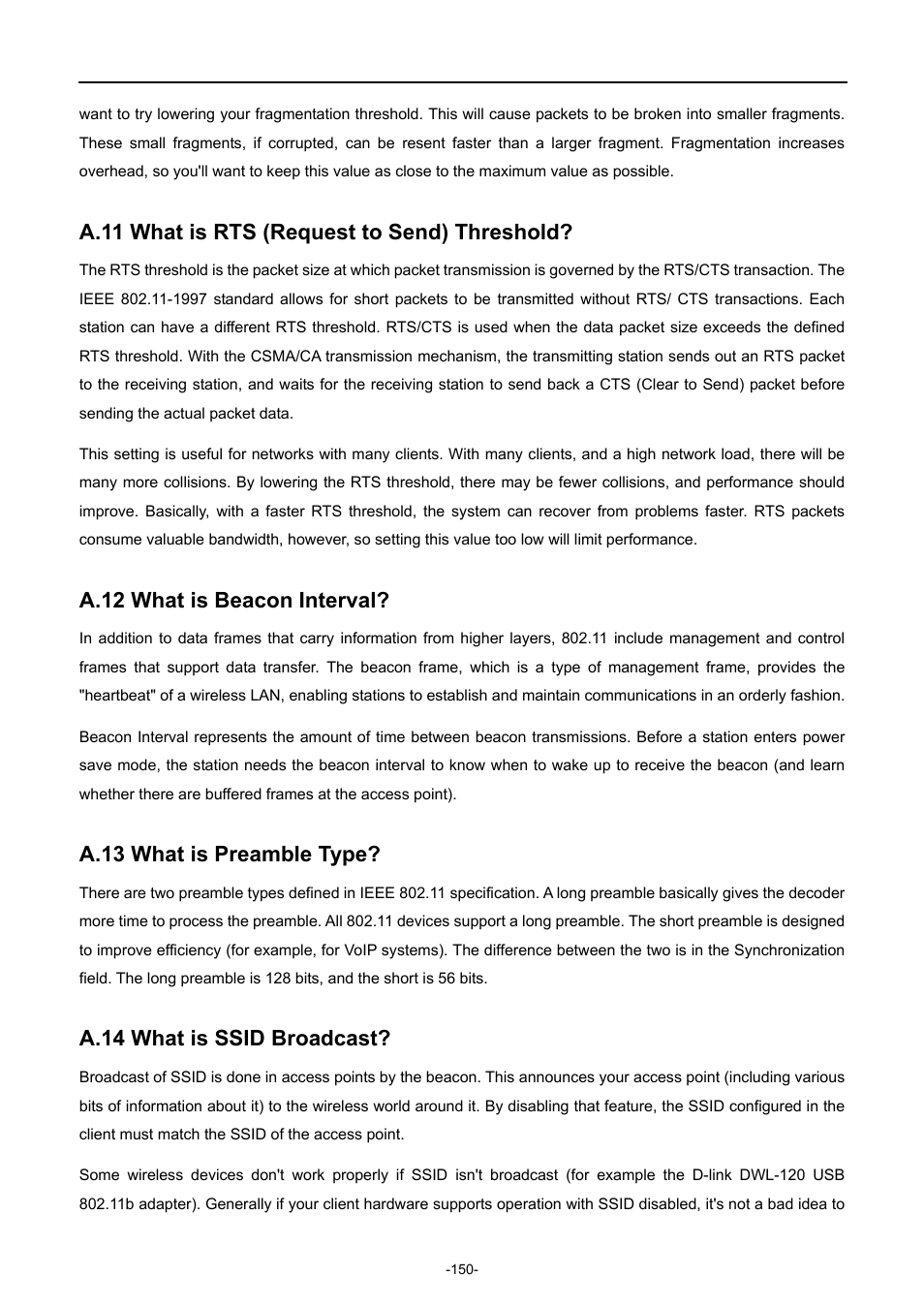 A.11 what is rts (request to send) threshold, A.12 what is beacon interval, A.13 what is preamble type | A.14 what is ssid broadcast | PLANET WNAP-7206 User Manual | Page 158 / 171