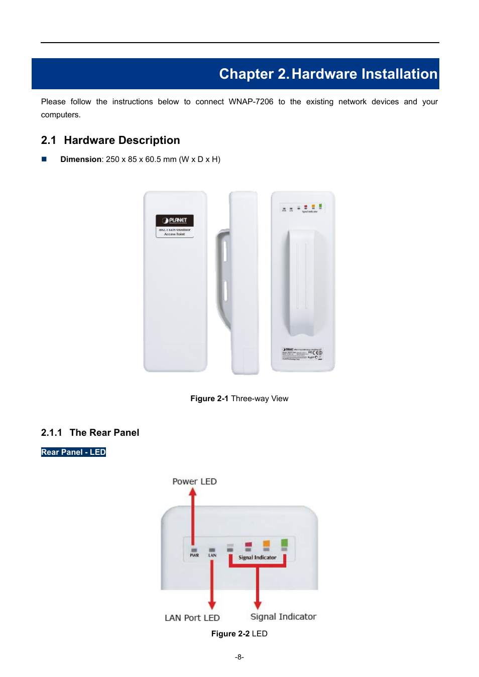 Chapter 2. hardware installation, 1 hardware description, 1 the rear panel | Chapter 2, Hardware installation, Hardware description, The rear panel | PLANET WNAP-7206 User Manual | Page 16 / 171