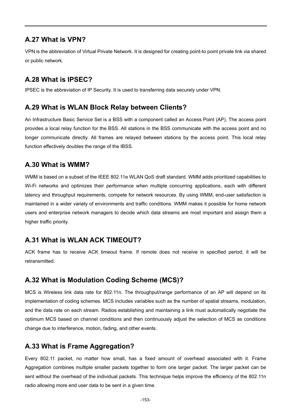 A.27 what is vpn, A.28 what is ipsec, A.29 what is wlan block relay between clients | A.30 what is wmm, A.31 what is wlan ack timeout, A.32 what is modulation coding scheme (mcs), A.33 what is frame aggregation | PLANET WNAP-7206 User Manual | Page 161 / 171