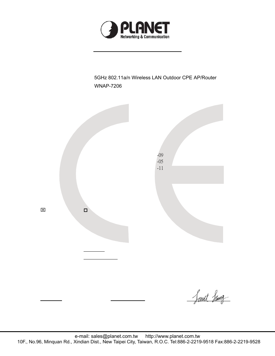 Ec declaration of conformity, Planet technology corporation | PLANET WNAP-7206 User Manual | Page 170 / 171