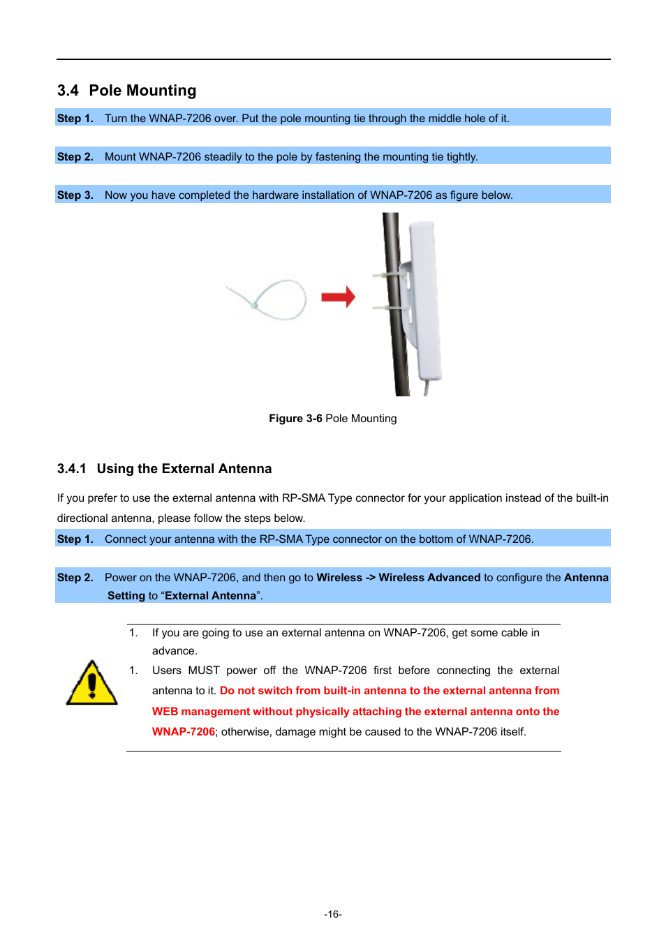4 pole mounting, 1 using the external antenna, Pole mounting | Using the external antenna | PLANET WNAP-7206 User Manual | Page 24 / 171