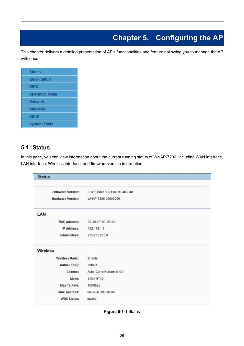 Chapter 5. configuring the ap, 1 status, Chapter 5 | Configuring the ap, Status | PLANET WNAP-7206 User Manual | Page 33 / 171