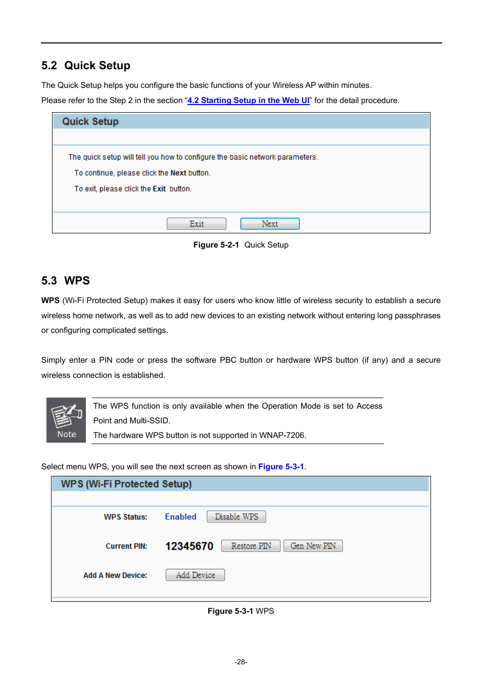 2 quick setup, 3 wps, Quick setup | PLANET WNAP-7206 User Manual | Page 36 / 171