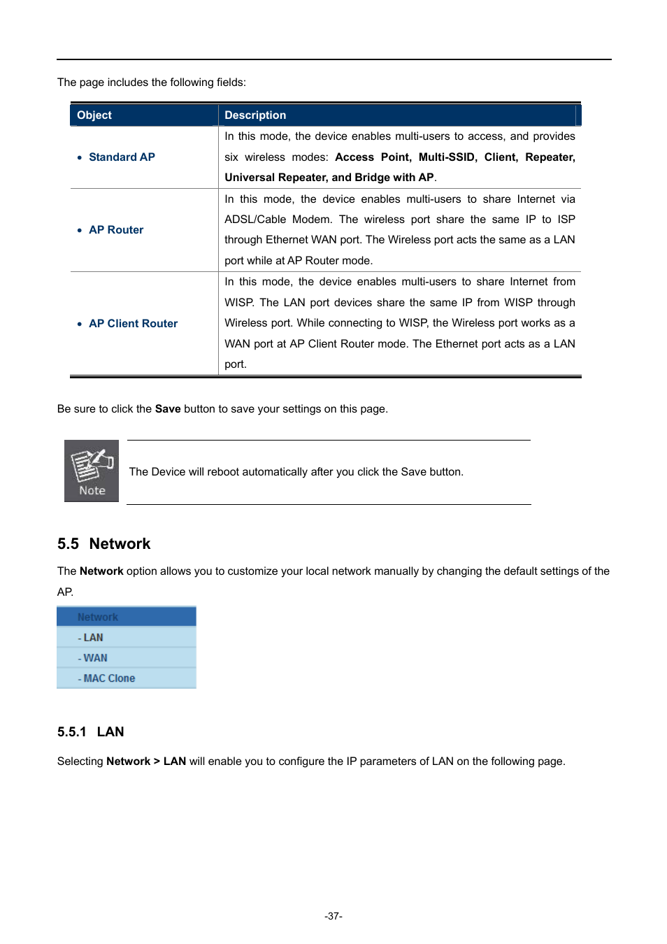 5 network, 1 lan, Network | PLANET WNAP-7206 User Manual | Page 45 / 171