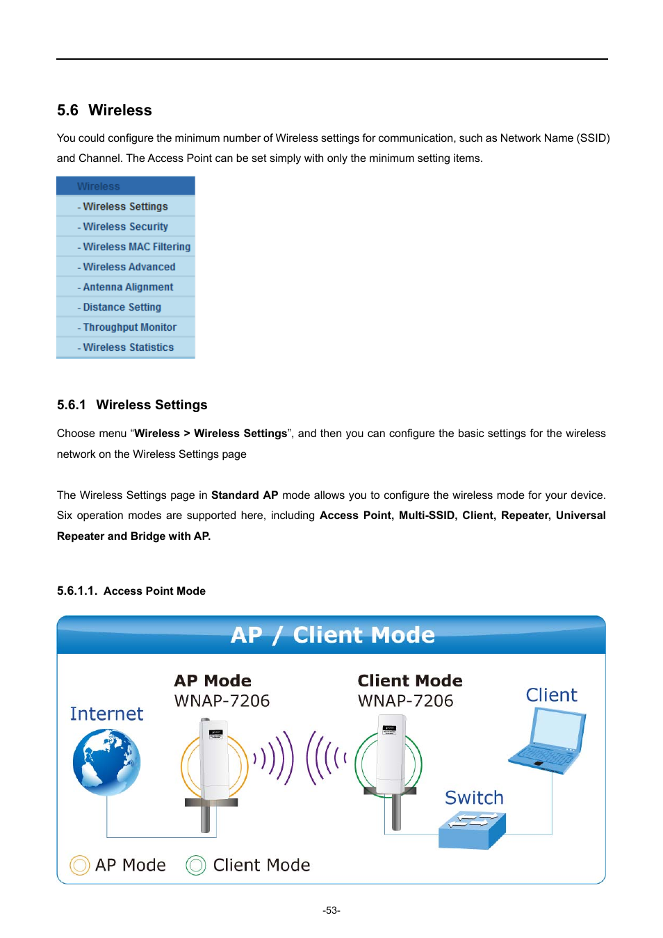 6 wireless, 1 wireless settings, Access point mode | Wireless, Wireless settings | PLANET WNAP-7206 User Manual | Page 61 / 171