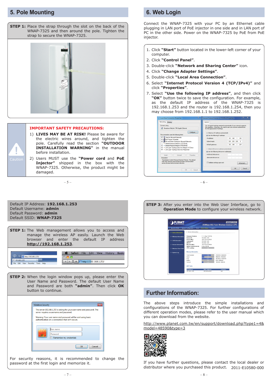 Pole mounting further information: 6. web login, Hardware installation | PLANET WNAP-7325 User Manual | Page 2 / 2