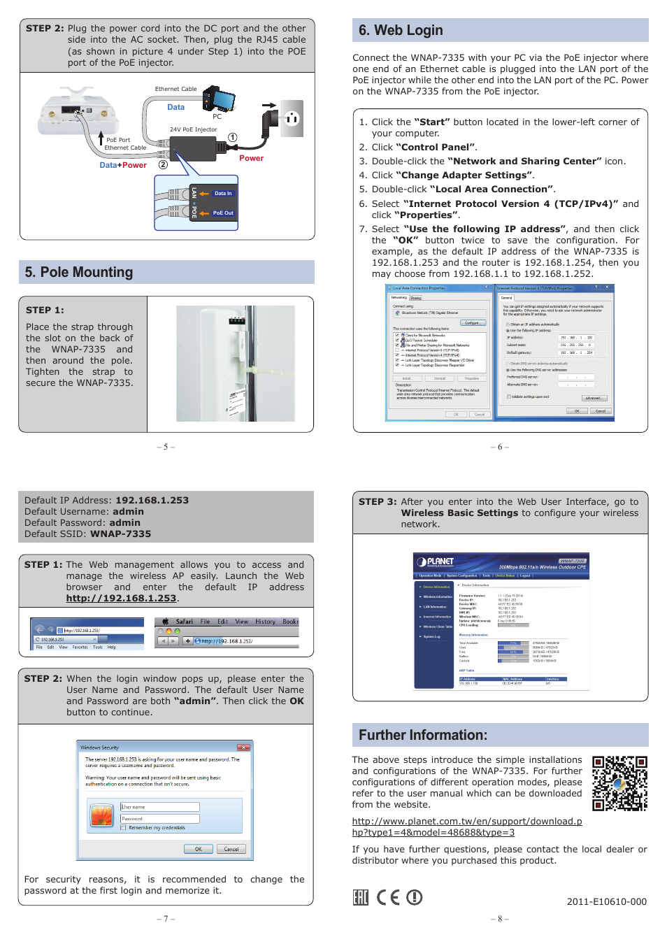 Hardware installation, Pole mounting further information: 6. web login | PLANET WNAP-7335 User Manual | Page 2 / 2