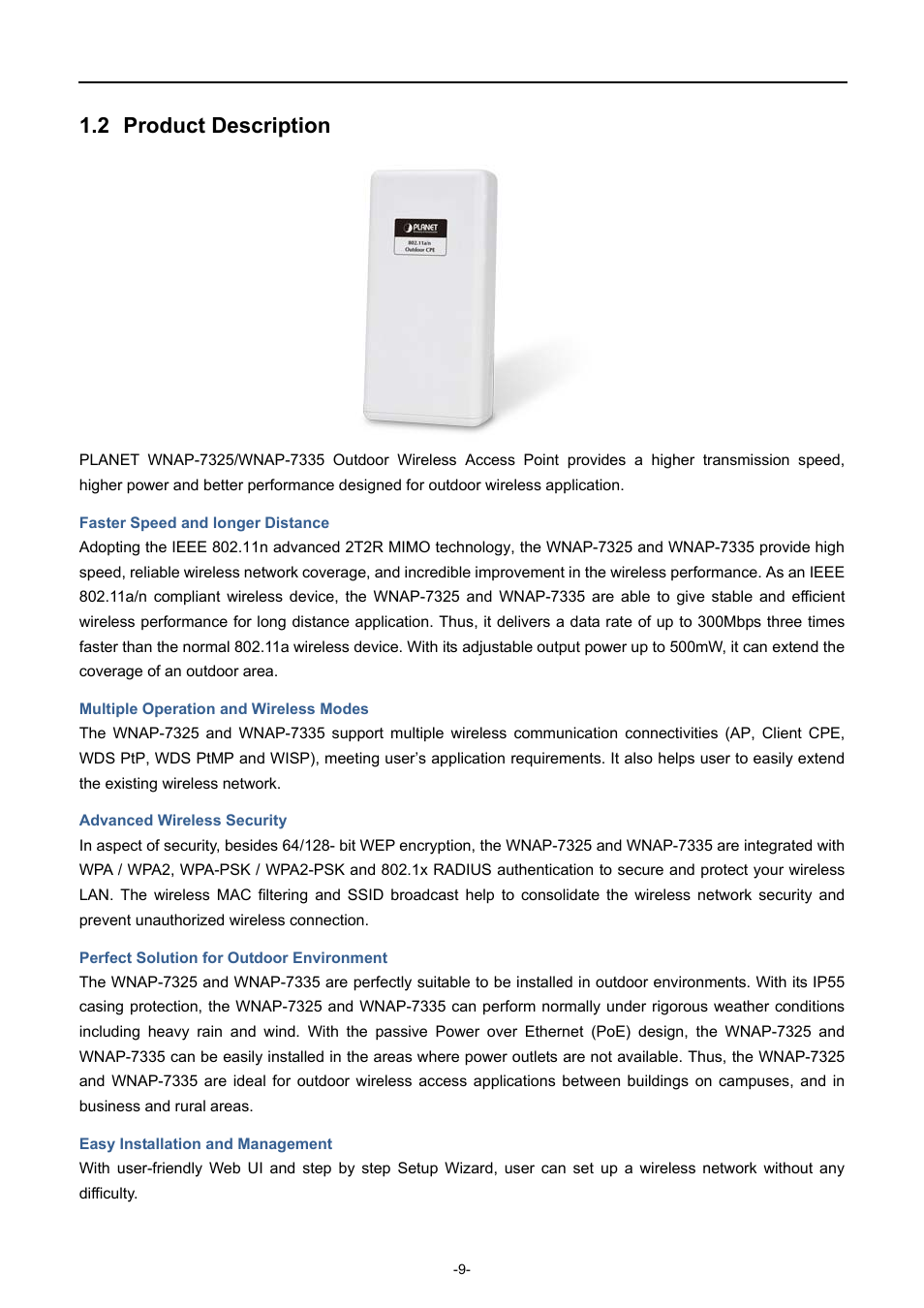 2 product description, Product description | PLANET WNAP-7335 User Manual | Page 10 / 95