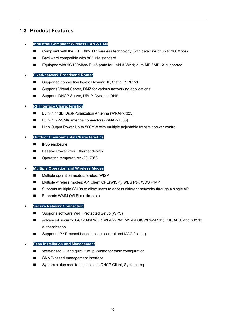 3 product features, Product features | PLANET WNAP-7335 User Manual | Page 11 / 95