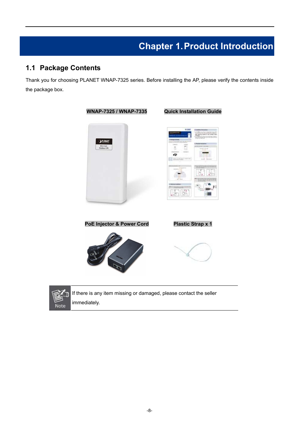 Chapter 1. product introduction, 1 package contents | PLANET WNAP-7335 User Manual | Page 14 / 95