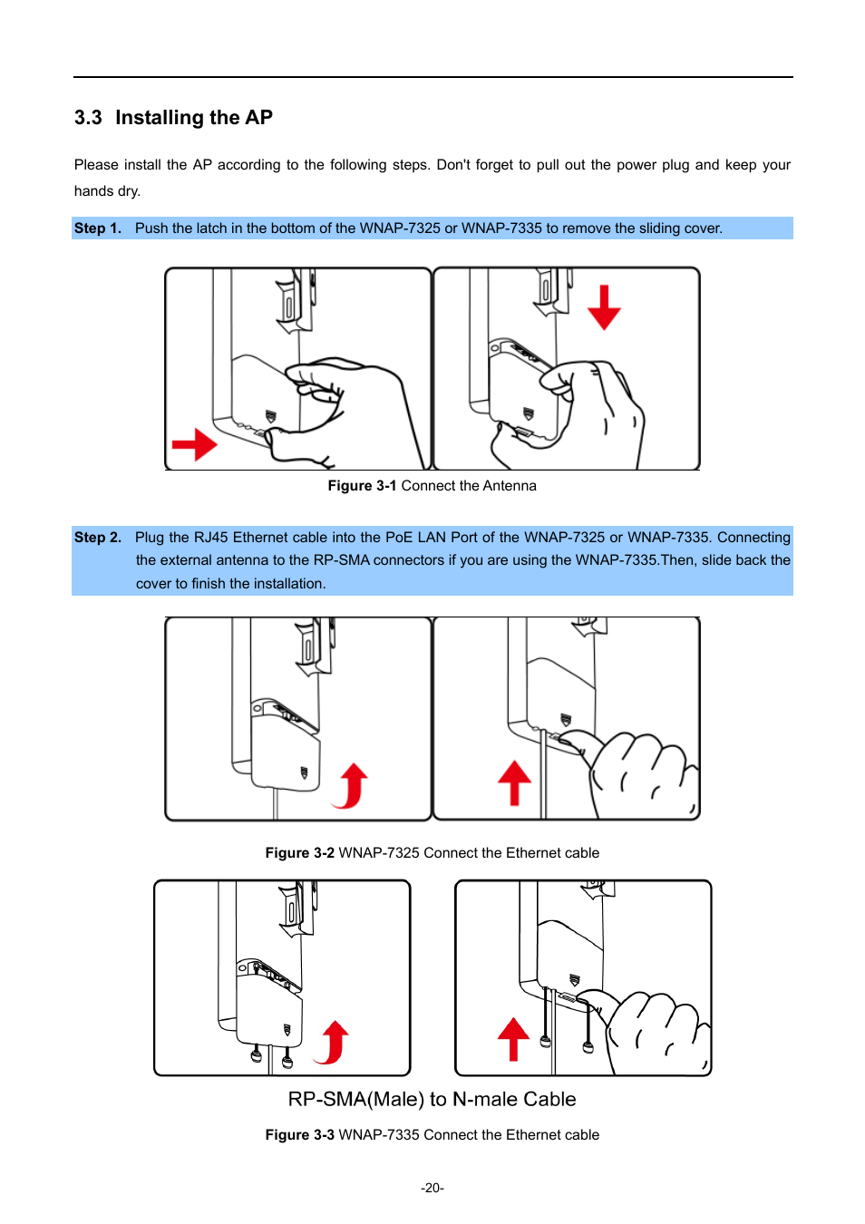 3 installing the ap, Installing the ap, Igure | Onnect the, Ntenna, Wnap-7325, Thernet cable, Wnap-7335 | PLANET WNAP-7335 User Manual | Page 21 / 95