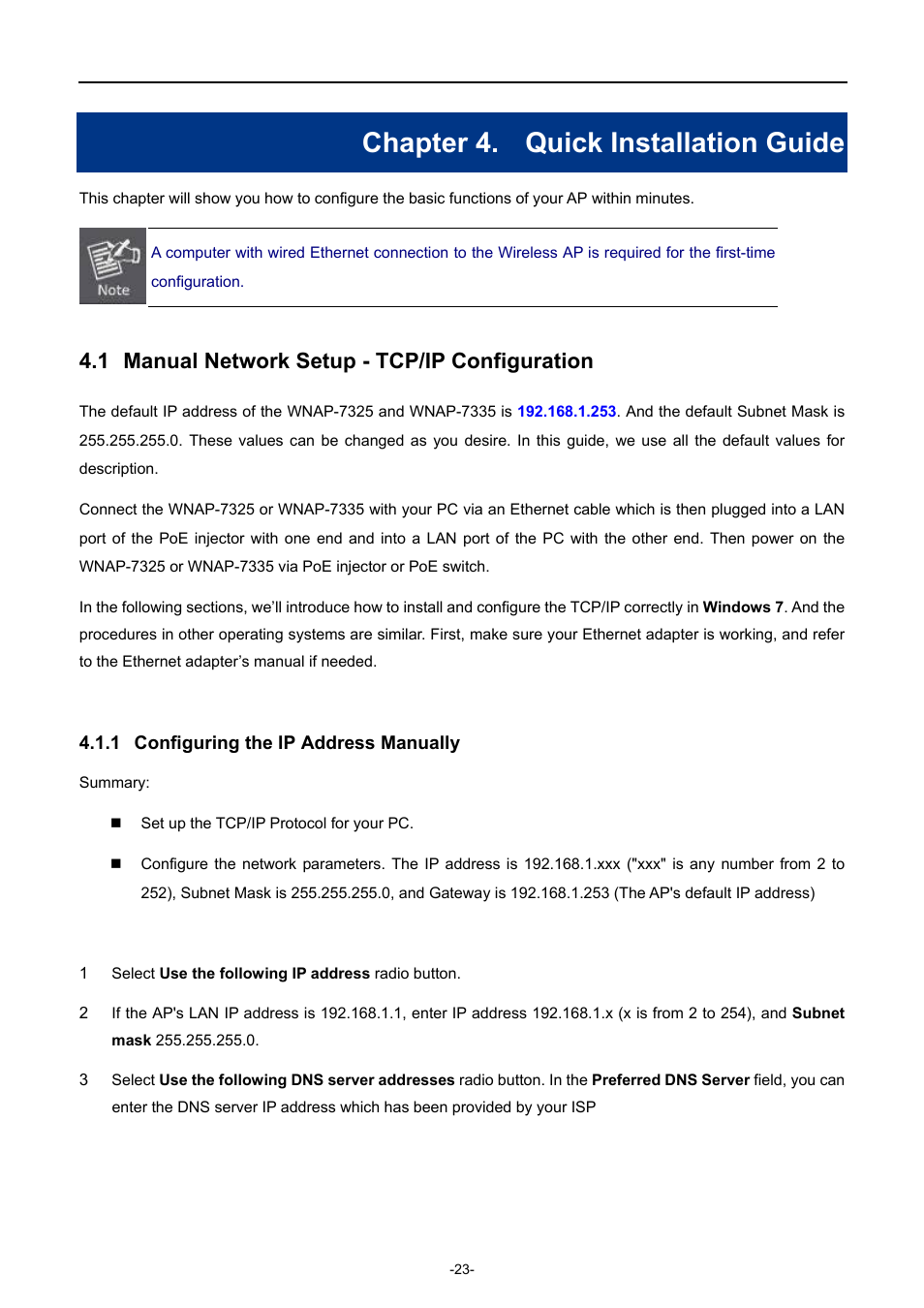 Chapter 4. quick installation guide, 1 manual network setup - tcp/ip configuration, 1 configuring the ip address manually | Chapter 4, Quick installation guide, Manual network setup - tcp/ip configuration, Configuring the ip address manually | PLANET WNAP-7335 User Manual | Page 24 / 95