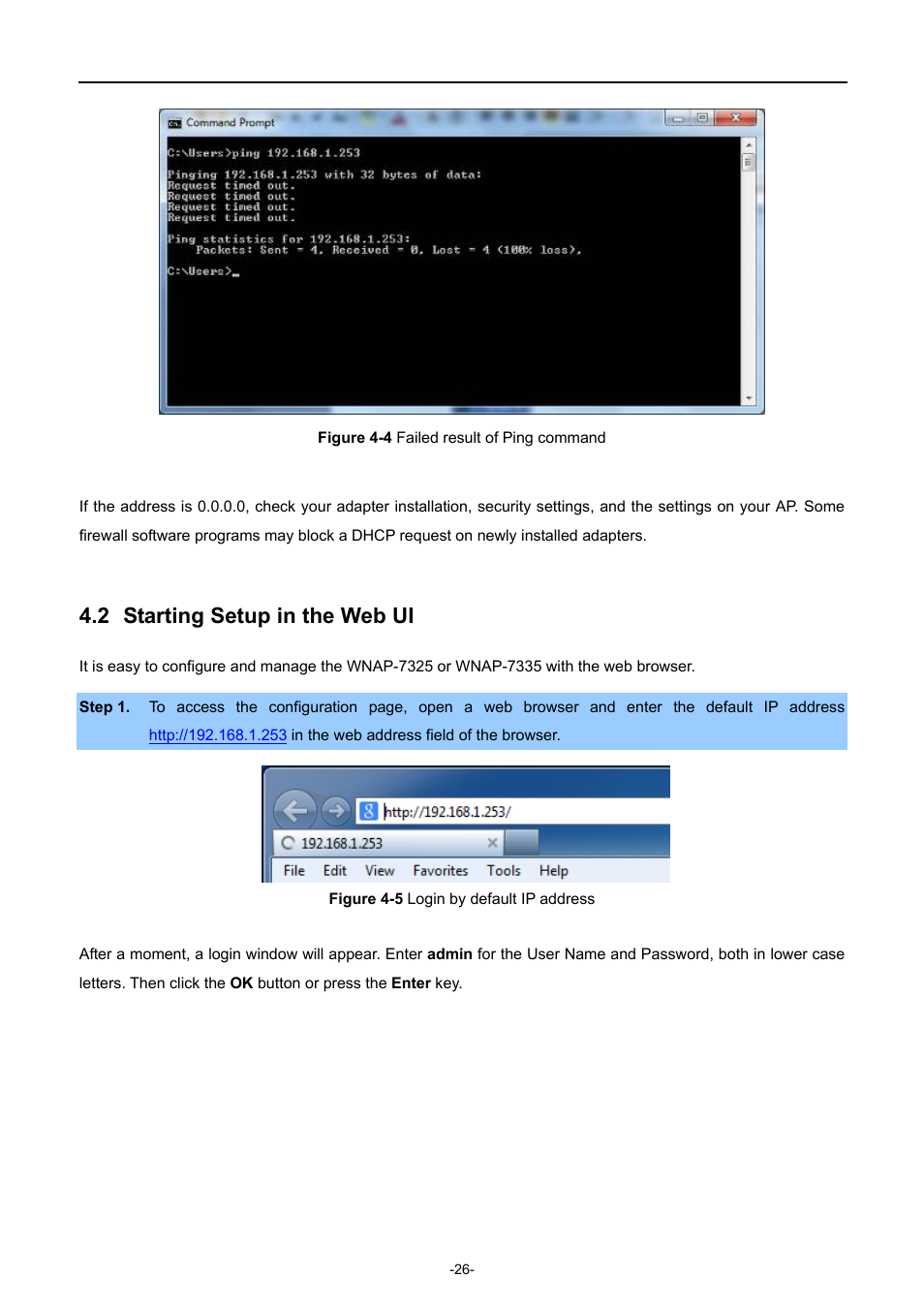 2 starting setup in the web ui, Starting setup in the web ui, Igure | Ailed result of, Ing command, Ogin by default, Address | PLANET WNAP-7335 User Manual | Page 27 / 95