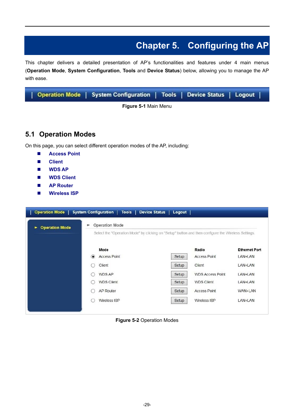Chapter 5. configuring the ap, 1 operation modes, Chapter 5 | Configuring the ap, Operation modes, Igure, Peration, Odes | PLANET WNAP-7335 User Manual | Page 30 / 95