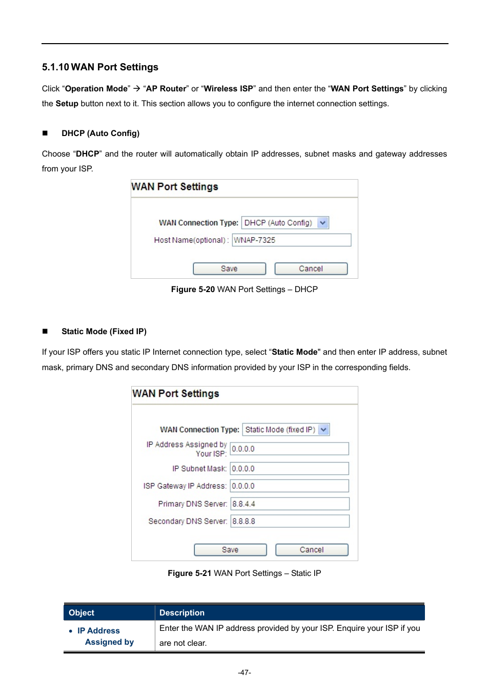 10 wan port settings, Wan port settings, Igure | Ettings, Dhcp, Tatic | PLANET WNAP-7335 User Manual | Page 48 / 95